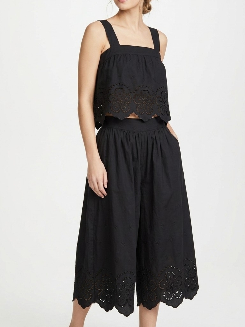 Black Eyelet Wide-Leg  Set With Top